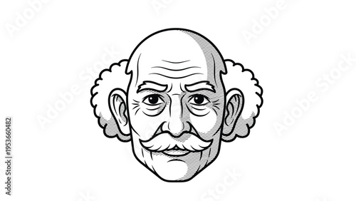 Detailed halftone portrait of an elderly man with a bald head, white hair on the sides, and a thick white mustache.