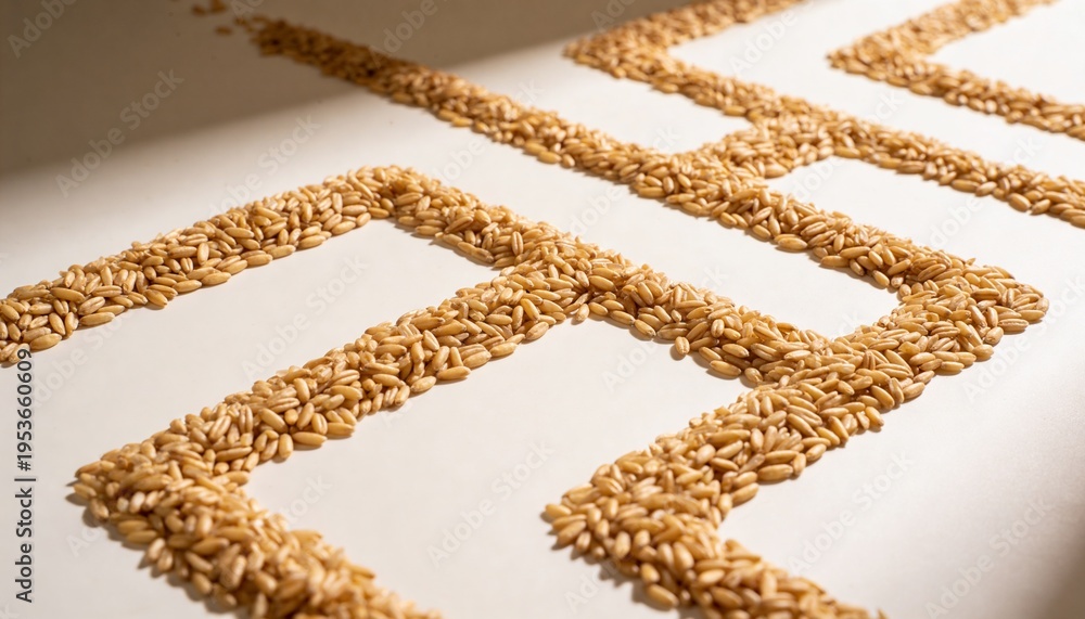 Obraz premium Arranging rows of wheat kernels forming chevron bands on pale sheet, warm light showing texture