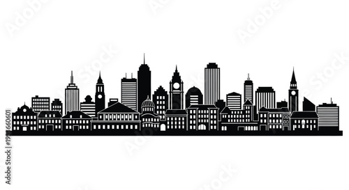Black and white silhouette of a dense urban cityscape skyline