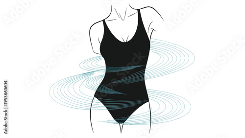 Stylized illustration of female torso in black swimsuit with decorative blue swirl lines for fashion or cosmetic industry.