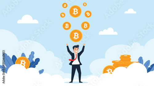 Successful businessman celebrating under falling golden bitcoin coins on cloud background symbolizing cryptocurrency investment success.