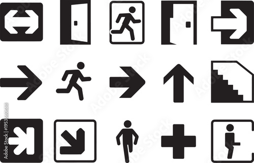 Various standardized icons illustrating building access points such as stairways, meeting points, and clear pathways within a cohesive black and white design style.
