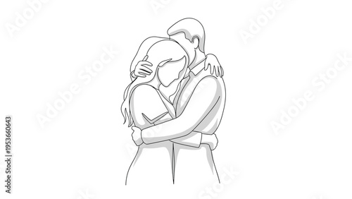 Minimalist line art drawing of a couple embracing tightly showing love and support in black and white sketch style.
