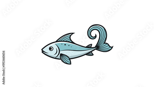 Detailed illustration of a blue fish with a curled tail fin isolated on white background for marine life theme.