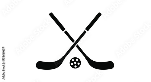 Two crossed hockey sticks and a puck in a simple graphic
