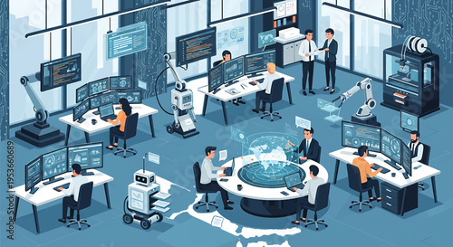 People working in a modern office with advanced technology and robots.