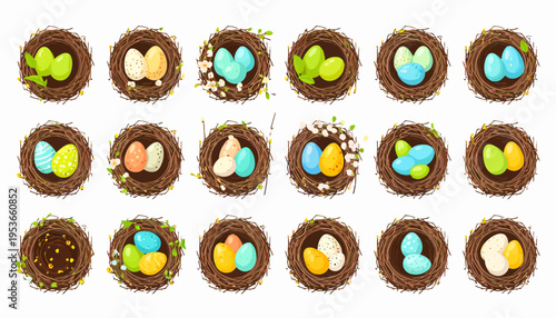 Colorful Easter eggs in nests.