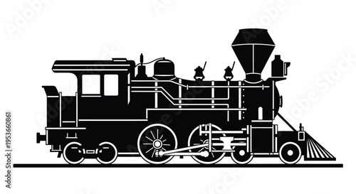 A detailed black and white illustration of a vintage steam locomotive