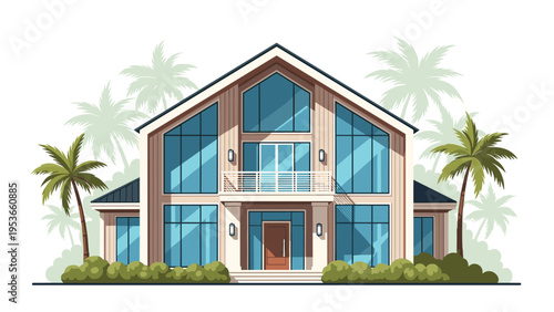 Contemporary luxury beach house architecture with large glass windows and palm trees on a clear white background.