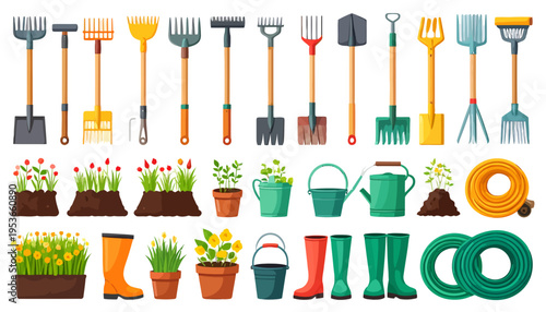Gardening tools and equipment set.