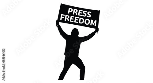 Silhouette of person holding a banner that reads press freedom