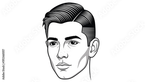 Classic portrait of a young man with a neat hairstyle in a clean black and white line art illustration style.