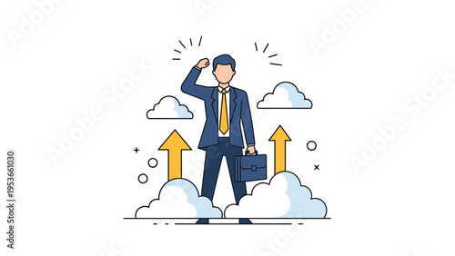 Successful businessman in a suit celebrating with a raised fist while standing among clouds with upward arrows.