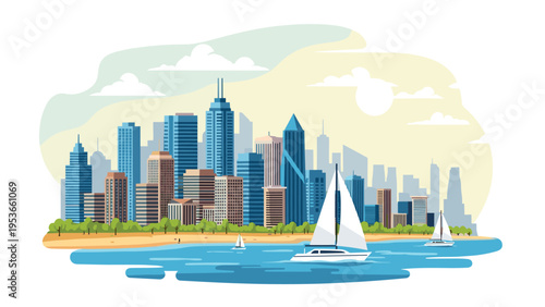 Beautiful coastal city skyline with many tall buildings and white sailboats on the blue sea water at sunset.