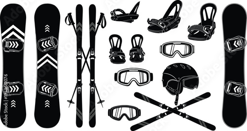 Black and white vector illustration of skiing and snowboarding gear, including snowboards, skis, poles, bindings, helmet, and goggles, perfect for winter sports design themes.