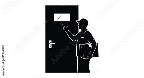 Delivery person ringing doorbell at a black door simplified illustration