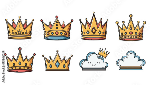 Fun set of golden and colorful crowns along with cute smiling cloud characters for children graphic design themes.