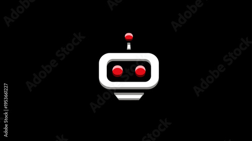 Minimalist white robot head icon with glowing red eyes on a black background, representing artificial intelligence and technology