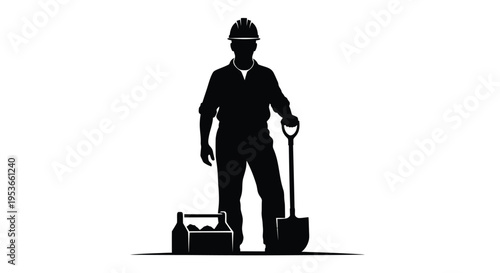 Silhouette of a construction worker with a shovel and toolbox