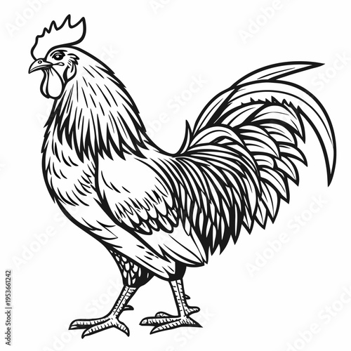 Fotografi Rooster vintage isolated illustration in black and white woodcut style