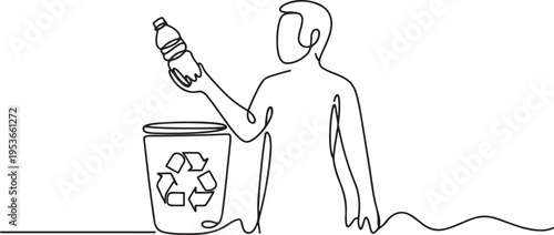 Continuous line drawing of a person recycling a plastic bottle One line draw graphic design vector