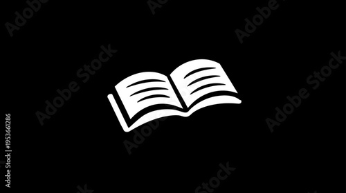 Clean white open book icon on a minimalist black background, symbolizing education, knowledge, reading, and literature concepts.