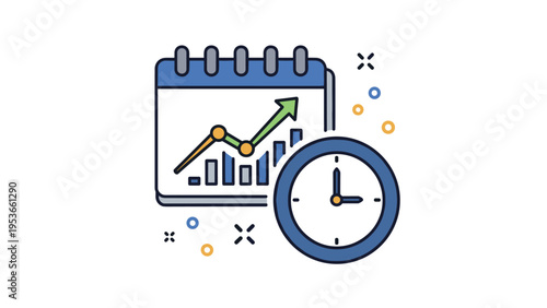 Business calendar with a growth chart and a clock symbol depicting time management, scheduling, and project progress tracking for success.