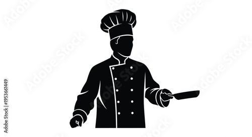 Silhouette of a chef in traditional hat and uniform holding a spatula