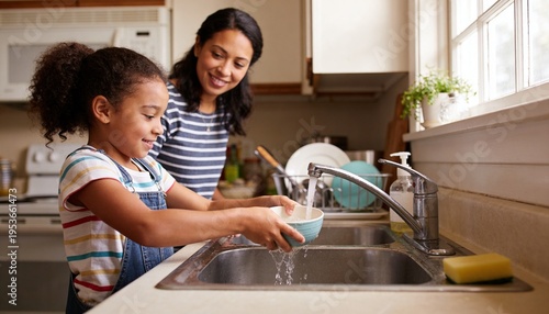 Rinsing child in denim overalls cleaning ceramic bowl at kitchen sink, mother smiling behind
