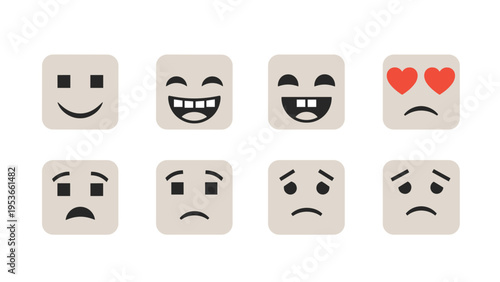 Set of eight simple square emoji icons representing different human emotions from happiness and love to sadness and disappointment.