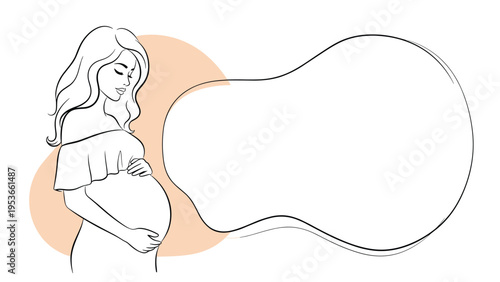 Minimalist line drawing of a pregnant woman wearing an off shoulder dress with a large blank space for text or personalized messages.