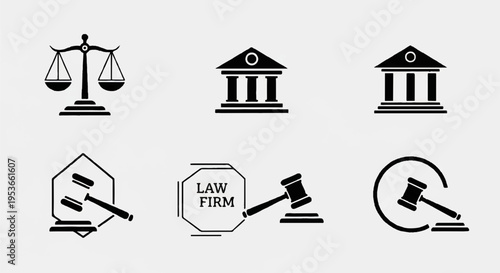 Law firm symbols and icons set including scales gavel building and justice signs on white background