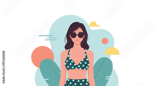 Stylish woman with long dark hair wearing sunglasses and a green polka dot bikini standing against an abstract tropical backdrop.