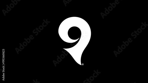 Modern Abstract Stylized White Number Nine Graphic Design Element on Solid Black Background