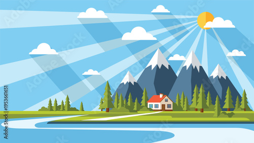 Beautiful sunny landscape with snow capped mountains, a small house in the woods, and a river flowing through green fields.