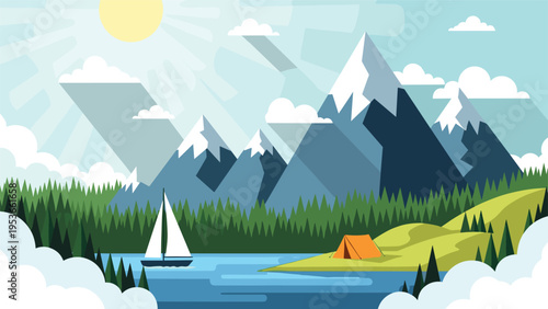 Adventure landscape with snow peaked mountains, a dense pine forest, a lake with a sailboat, and a camping tent on the shore.
