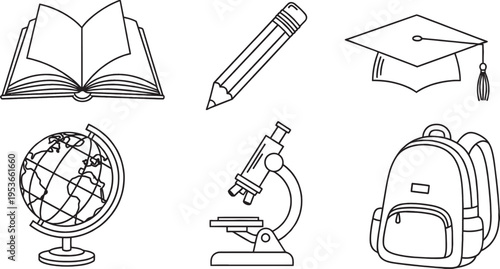 Black and white line art illustration of various school and education supplies including a book, pencil, graduation cap, globe, microscope, and backpack.