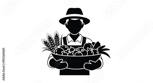A silhouette of a farmer holding a cornucopia filled with produce