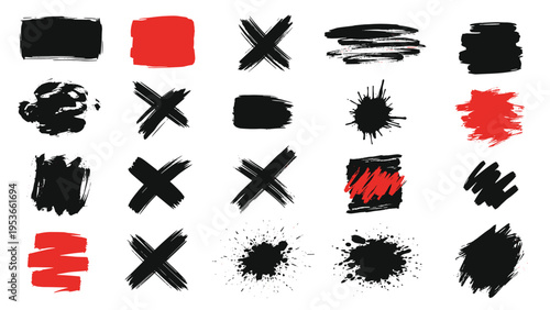 Variety of black and red ink splats, brush strokes, and cross marks, providing a gritty and artistic set of elements for graphic design projects.