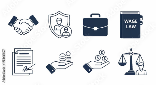 Business law and wage concepts with hands documents and scales icons on white background