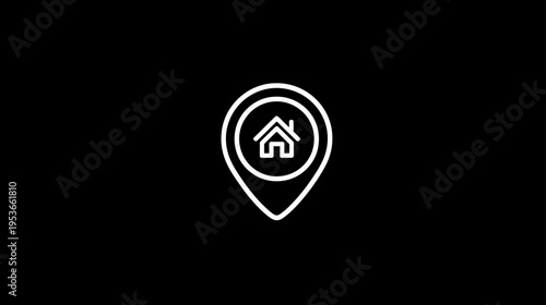 Home Location Pin Icon. White outline map marker with house symbol on black background for address, property, real estate, and navigation.
