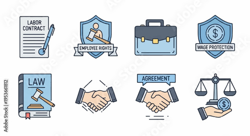 Business law finance and partnership icons set including labor contract employee rights briefcase mail protection law book handshakes and scales