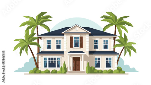 Luxurious two-story tropical house with palm trees and green bushes, presenting a bright and sunny residential real estate concept for dream homes.