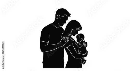 Silhouetted image of a father mother and baby embracing tenderly