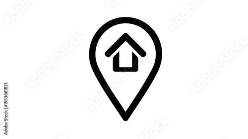 Black outline home location pin icon, map marker with house symbol, ideal for real estate, address, property search.