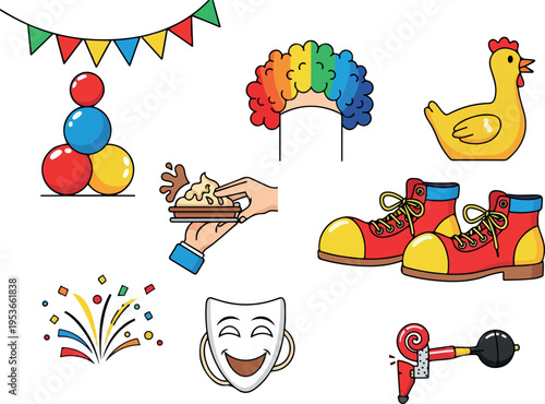 Collection of carnival and party elements including colorful decorations, costumes, and festive accessories