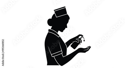 Silhouette of a nurse dispensing hand sanitizer into her palm