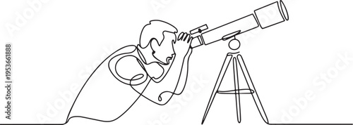 Continuous one line drawing of a man observing out space with Telescope - astronomy tool. A man looking into a telescope outline illustration. One line draw graphic design vector