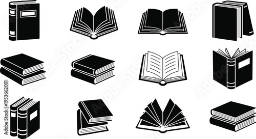 Black and white vector illustration of twelve book icons in various orientations, including open, closed, stacked, and fanned styles for education, literature, and design.