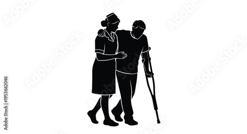 A nurse assists a patient walking with crutches in a silhouette